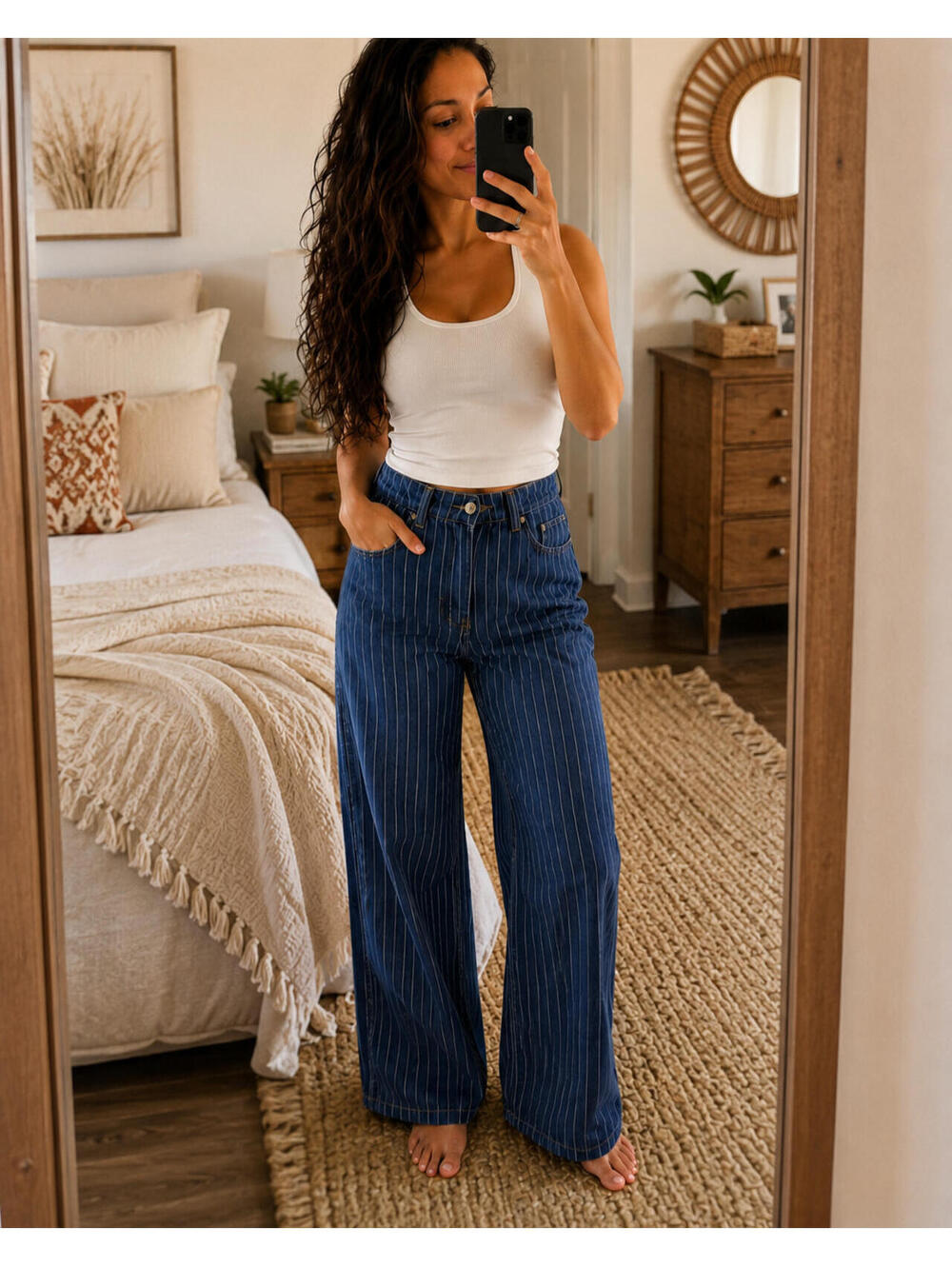 Edikted Womens Jeans Small Petite Blue Pinstripe Wide Leg Baggy Denim NWT Y2K